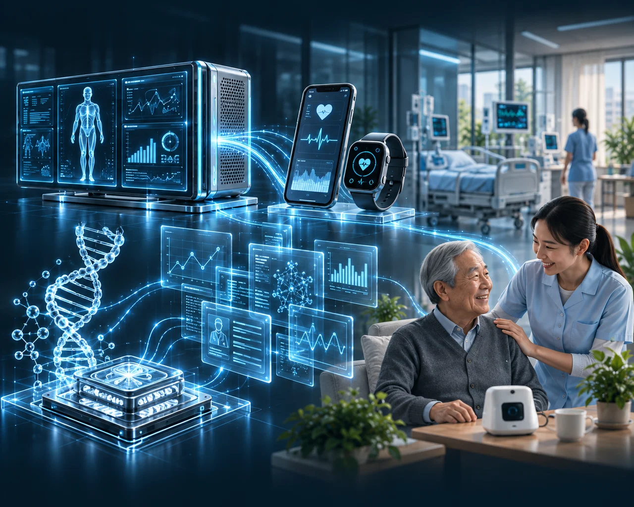 醫療 AI 分析、智慧穿戴、健康資料、精準檢測、智慧病房與高齡照護相互連結的產業情境示意
